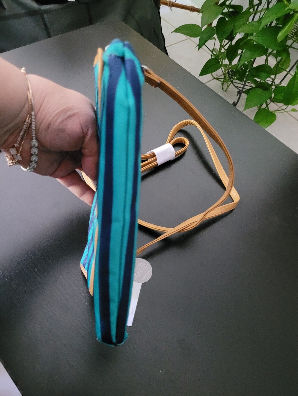 Nautica Teal & Navy Striped Crossbody with Tan Trim - Picture 5 of 6